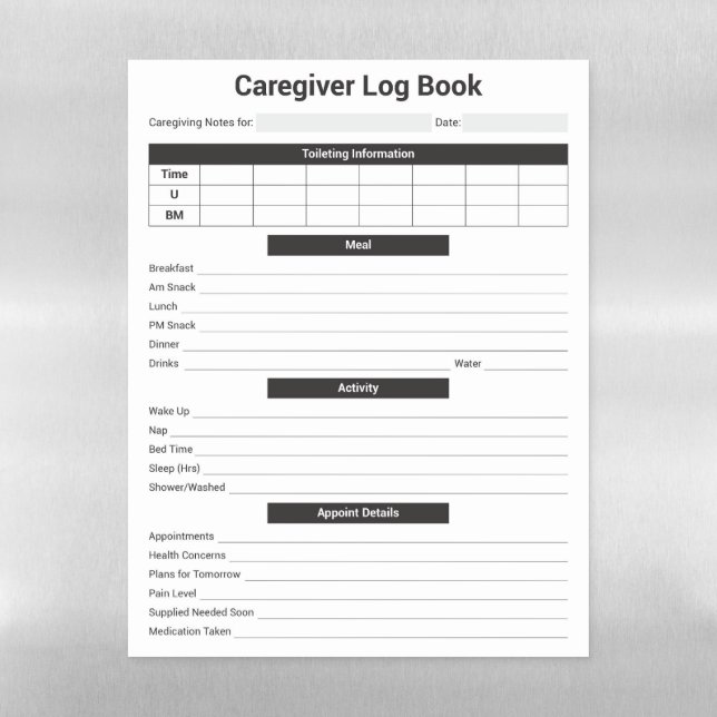 Caregiver Logbook, Caregiving, Aging Parents  Magnetic Dry Erase Sheet (Vertical)