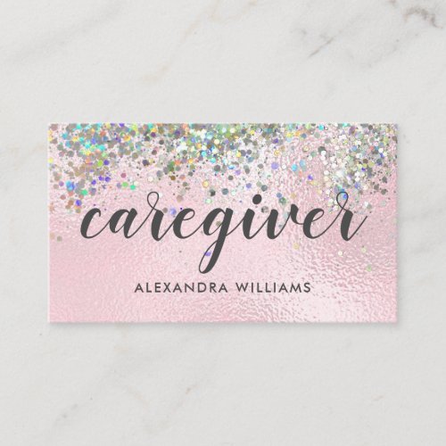 Caregiver Modern Holographic Glitter Medical Pink Business Card