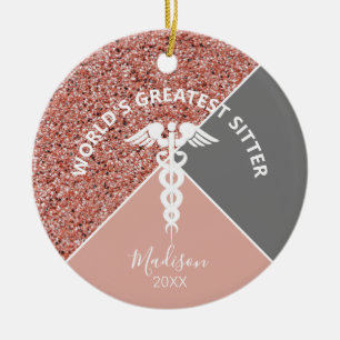 Caregiver Rose Gold Pink Glitter Personalized Ceramic Ornament