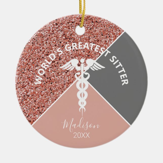 Caregiver Rose Gold Pink Glitter Personalized Ceramic Ornament (Front)