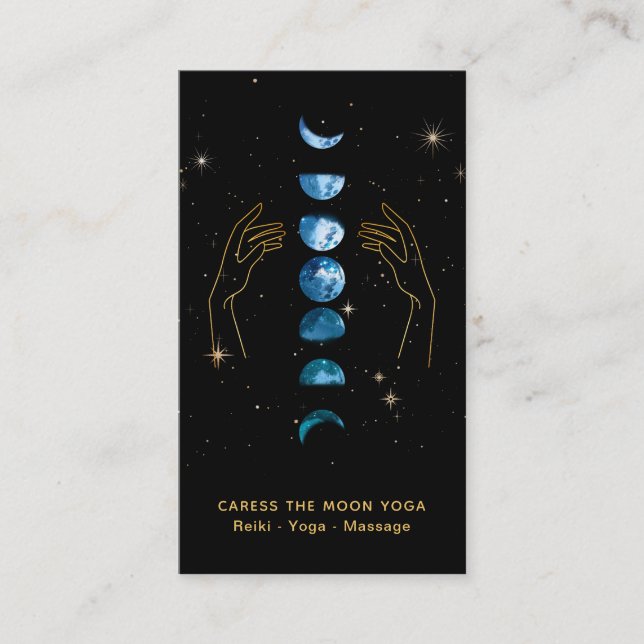 *~* Caress Moon Blue Teal Phases + Hands Star Business Card (Front)