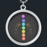 *~* Caress The Chakra Symbols    Healing Hands Silver Plated Necklace<br><div class="desc">Silver Plated JEWELRY WITH INTENTION (R) - Energetically Enhanced Jewelry. Chakra and Healing Hands on a Black background. As a professional distance spiritual energy healer since 2001, I have learned, developed and utilized the power of energy healing intention. All my JEWELRY WITH INTENTION (R) carries the healing energy of positive...</div>