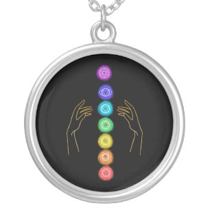 *~* Caress The Chakra Symbols + Healing Hands Silver Plated Necklace