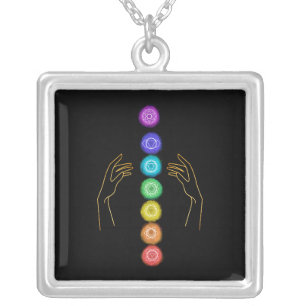 *~* Caress The Chakra Symbols + Healing Hands Silver Plated Necklace