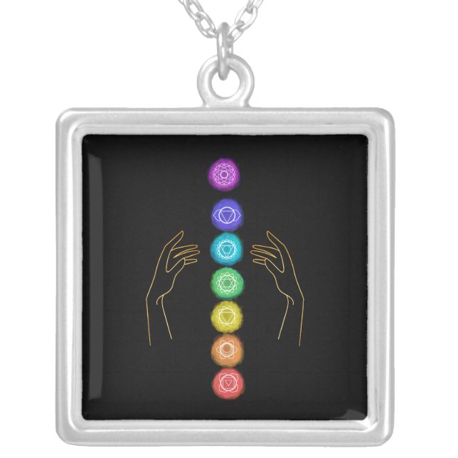*~* Caress The Chakra Symbols +  Healing Hands Silver Plated Necklace (Front)