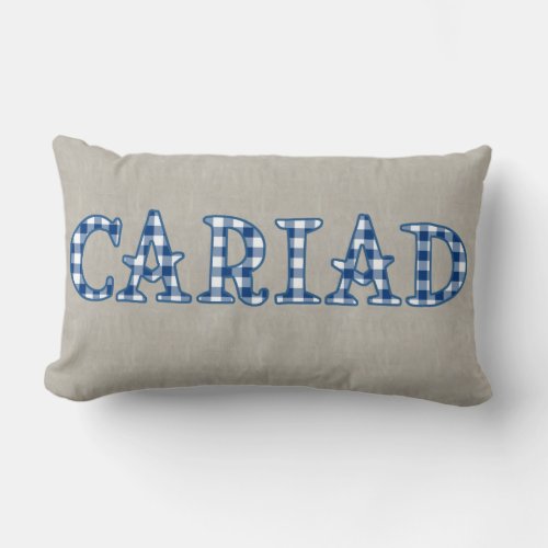 Cariad Welsh Check Gingham Text Design on Burlap Lumbar Pillow