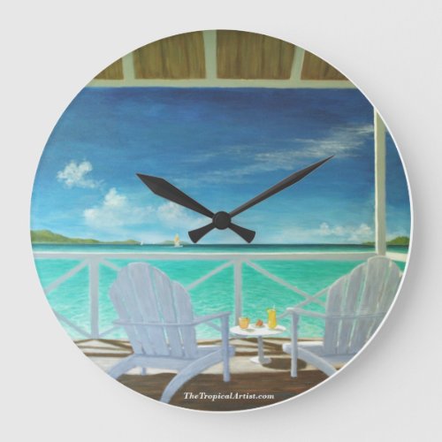 Caribbean Beach House Scene  Deckside Happy Hour Large Clock
