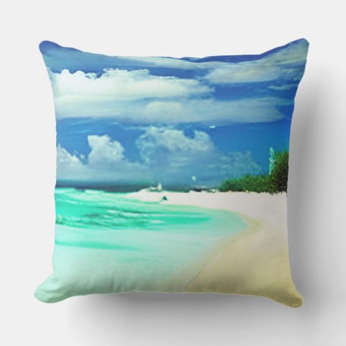 Caribbean Beach with Deep Blue Summer Sky Outdoor Pillow