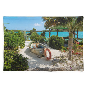 Caribbean Beached Boat, Tropical Coastal Table Cloth Placemat