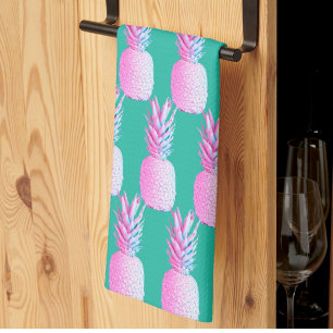 Caribbean Blue Colorful Pink Pineapples Kitchen Towel