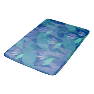 Caribbean Blue Green Watercolor Purple Flowers Bath Mat
