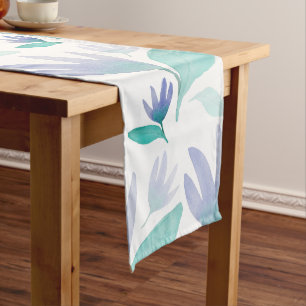 Caribbean Blue Green Watercolor Wonder Flowers Long Table Runner