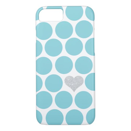 Caribbean Blue Polka Dots Silver Glitter Heart iPhone 87 Case