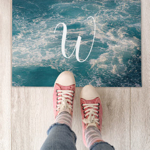 Caribbean Blue White Waves Seascape Monogram Doormat