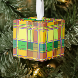 Caribbean Colorful Fabric Madras Tartan Cube Ornament