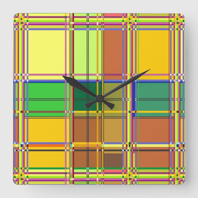 Caribbean Colorful Fabric Madras Tartan Square Wall Clock (Front)