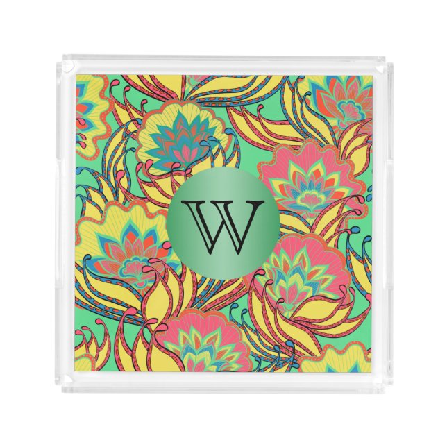Caribbean Colors Boho Floral Monogrammed Acrylic Tray (Front)