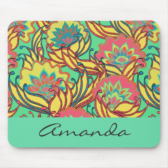 Caribbean Colors Boho Floral Personalized Mouse Pad (Front)