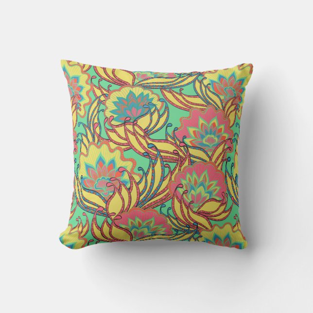 Caribbean Colors Bright Boho Floral Outdoor Pillow (Front)
