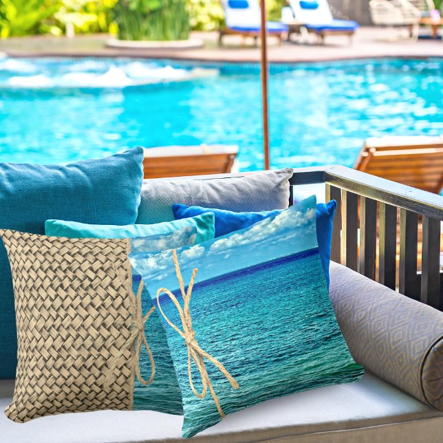 Caribbean Cozumel Blue Turquoise Ocean With Wicker Throw Pillow (Creator Uploaded)