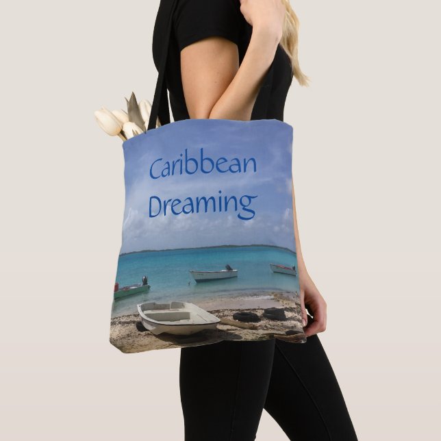 Caribbean Dreaming Bonaire Fishing Boats Ocean Tote Bag (Close Up)