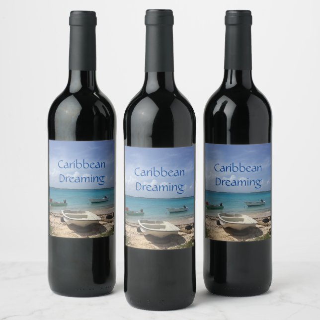 Caribbean Dreaming Bonaire Fishing Boats Ocean  Wine Label (Bottles)