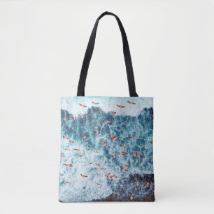 Caribbean Flamingos: Nature's Flight Scene Tote Bag