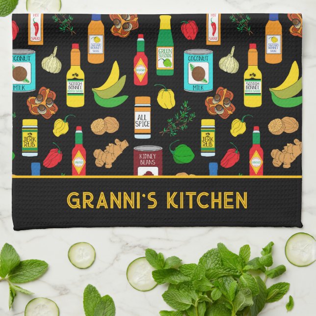 Caribbean Food Patterned Custom Name Kitchen Towel (Folded)