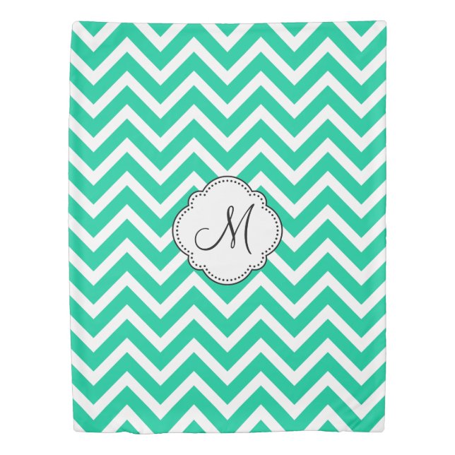 Caribbean Green Chevron Pattern with Monogram Duvet Cover (Front)