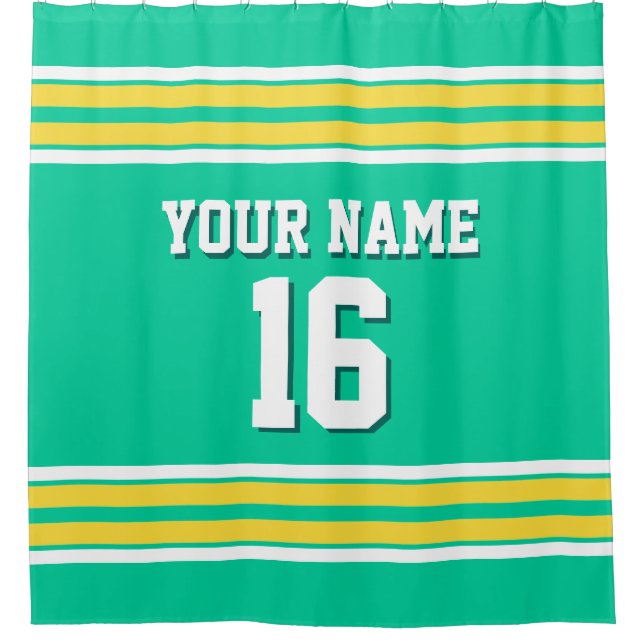 Caribbean Green Yellow White Stripes Sports Jersey Shower Curtain (Front)
