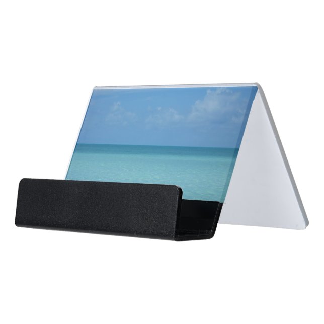 Caribbean Horizon Tropical Turquoise Blue Desk Business Card Holder (Angled Front)