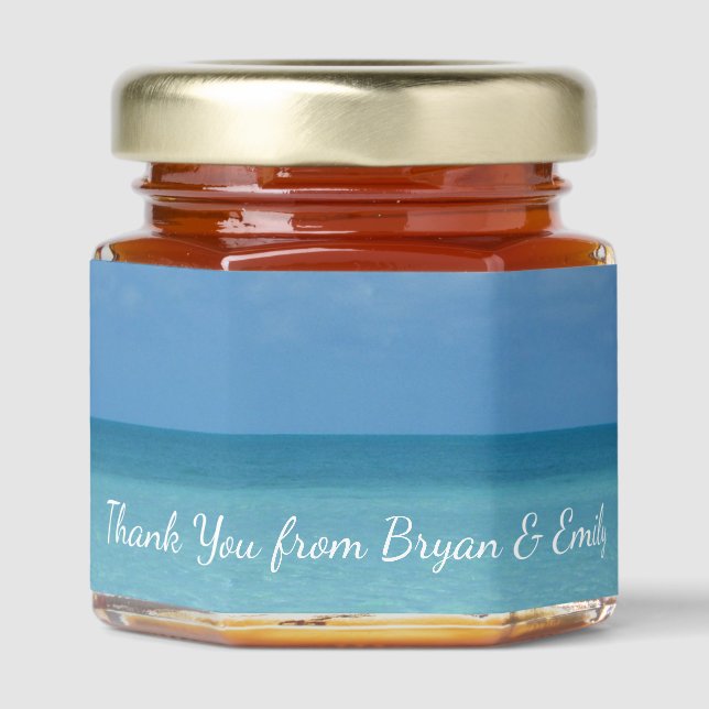 Caribbean Horizon Tropical Turquoise Blue Honey Jar Favors (Front)