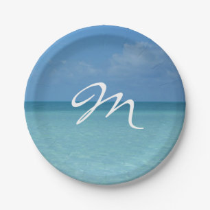 Caribbean Horizon Tropical Turquoise Blue Monogram Paper Plates