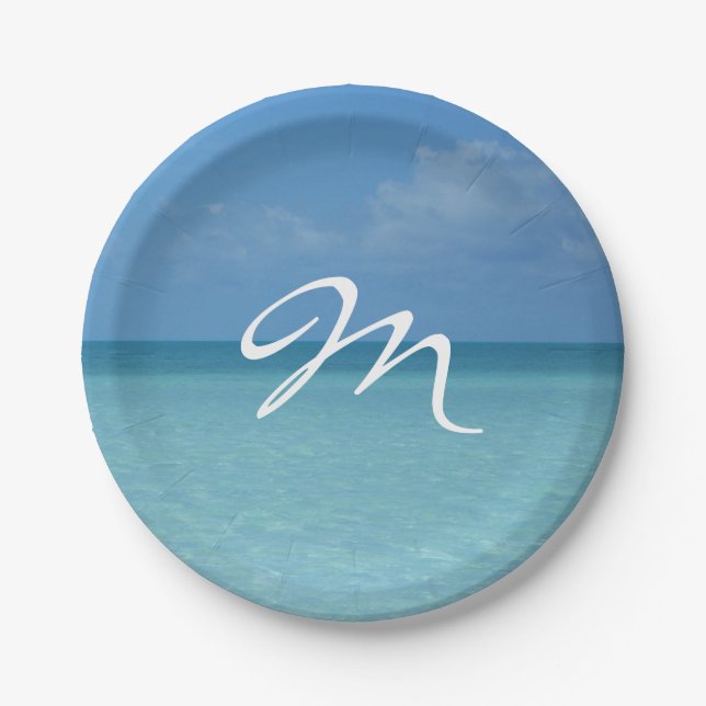 Caribbean Horizon Tropical Turquoise Blue Monogram Paper Plates (Front)