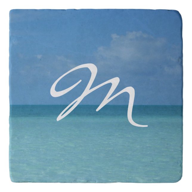 Caribbean Horizon Tropical Turquoise Blue Monogram Trivet (Front)