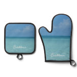 Caribbean Horizon Tropical Turquoise Blue Oven Mitt & Pot Holder Set