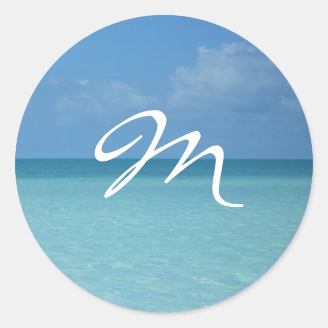 Caribbean Horizon Turquoise Blue Monogram Classic Round Sticker (Front)