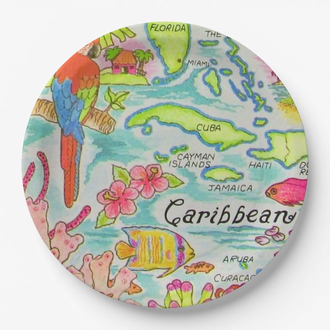 Caribbean Island Map Postcard Paper Plates (Front)