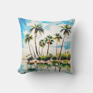 Caribbean Island Paradise Watercolor Palm Trees v2 Throw Pillow