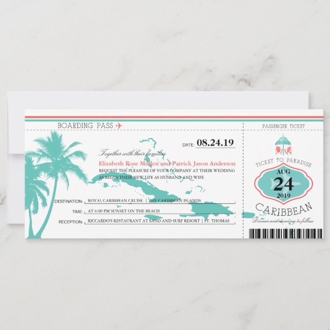 Caribbean Islands Boarding Pass Wedding Invitation (Front)