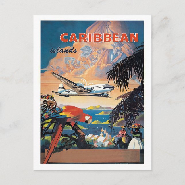 Caribbean islands by airplane, vintage airline postcard (Front)