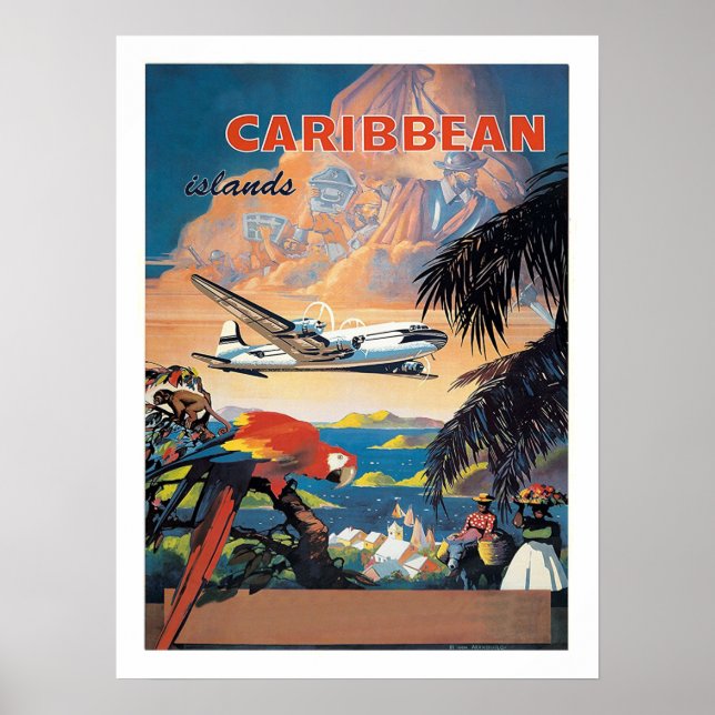 Caribbean islands by airplane, vintage airline poster (Front)