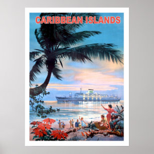 Caribbean islands, cruiser ship, vintage travel poster