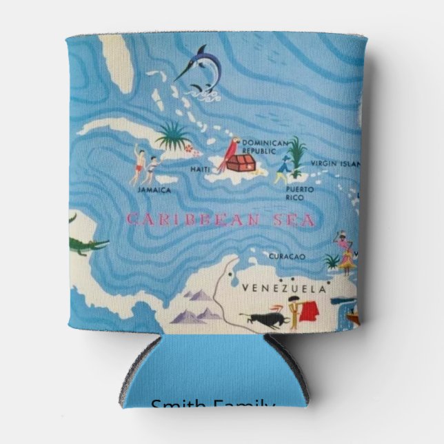 Caribbean Islands Illustrated Map Can Cooler (Front)