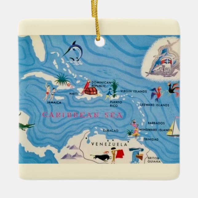 Caribbean Islands Illustrated Map  Ceramic Ornament (Front)