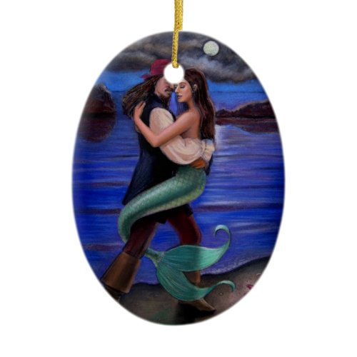 Caribbean Mermaid &amp; Pirate Oval Christmas Ornament