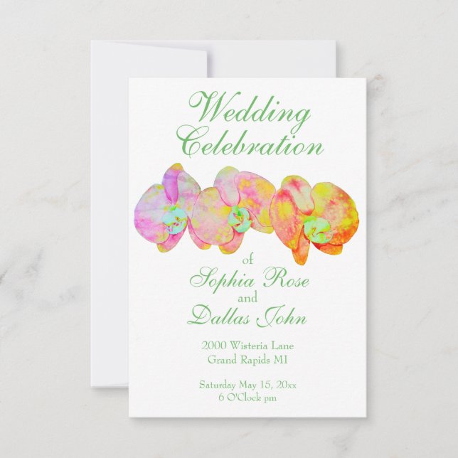 Caribbean orchids, tropical watercolor flowers invitation (Front)