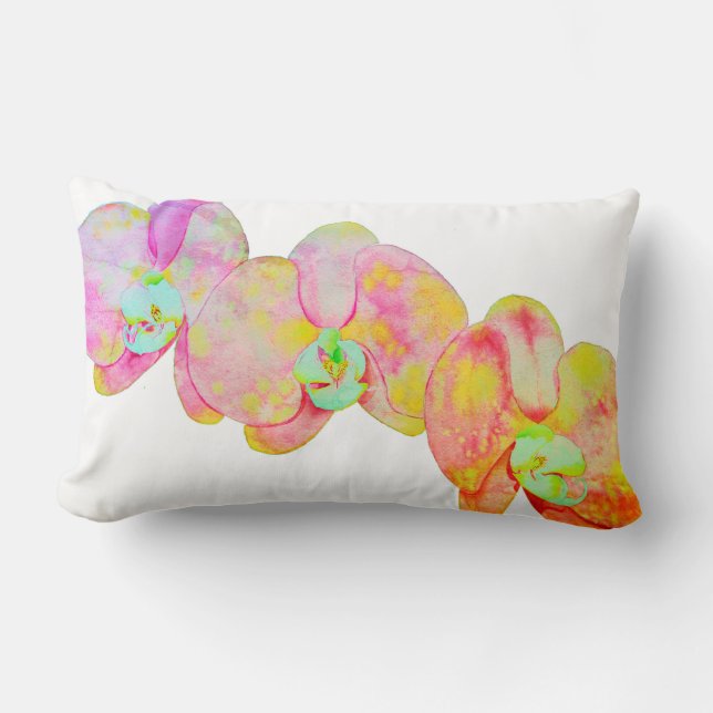 Caribbean orchids, tropical watercolor flowers lumbar pillow (Front)