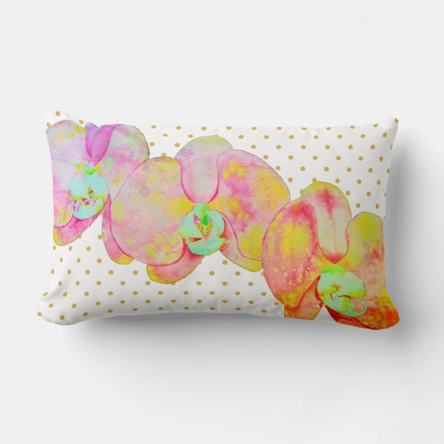 Caribbean orchids, tropical watercolor flowers lumbar pillow (Front)