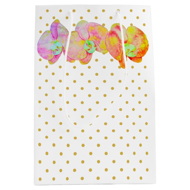 Caribbean orchids, tropical watercolor flowers medium gift bag (Front)